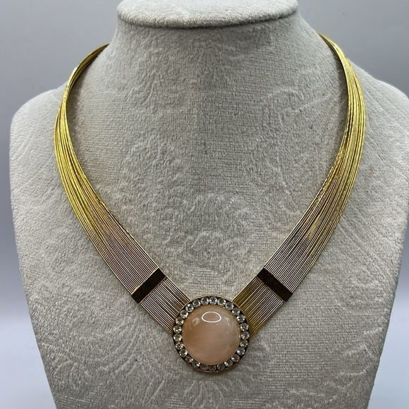 Vintage 80s Gold Tone Wire V Choker  with Center Pink Stone with Rhinestones - Picture 1 of 12